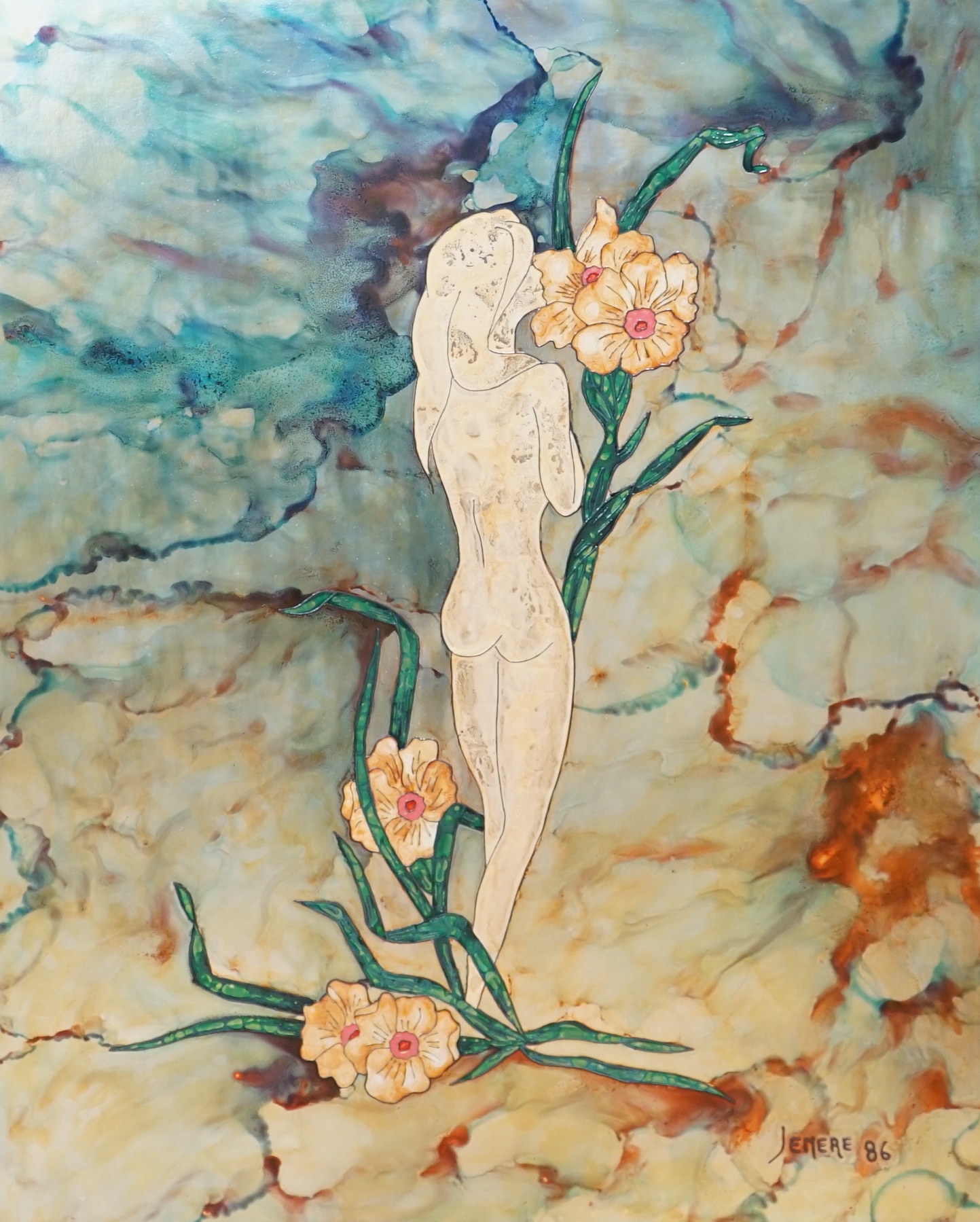 Jean-Philippe Jenere (French, b.1934), painted metal panel, Art Nouveau style nude female with flowers, signed and dated '86, inscribed verso, 85 x 63cm. Provenance: Purchased Bangkok 1987